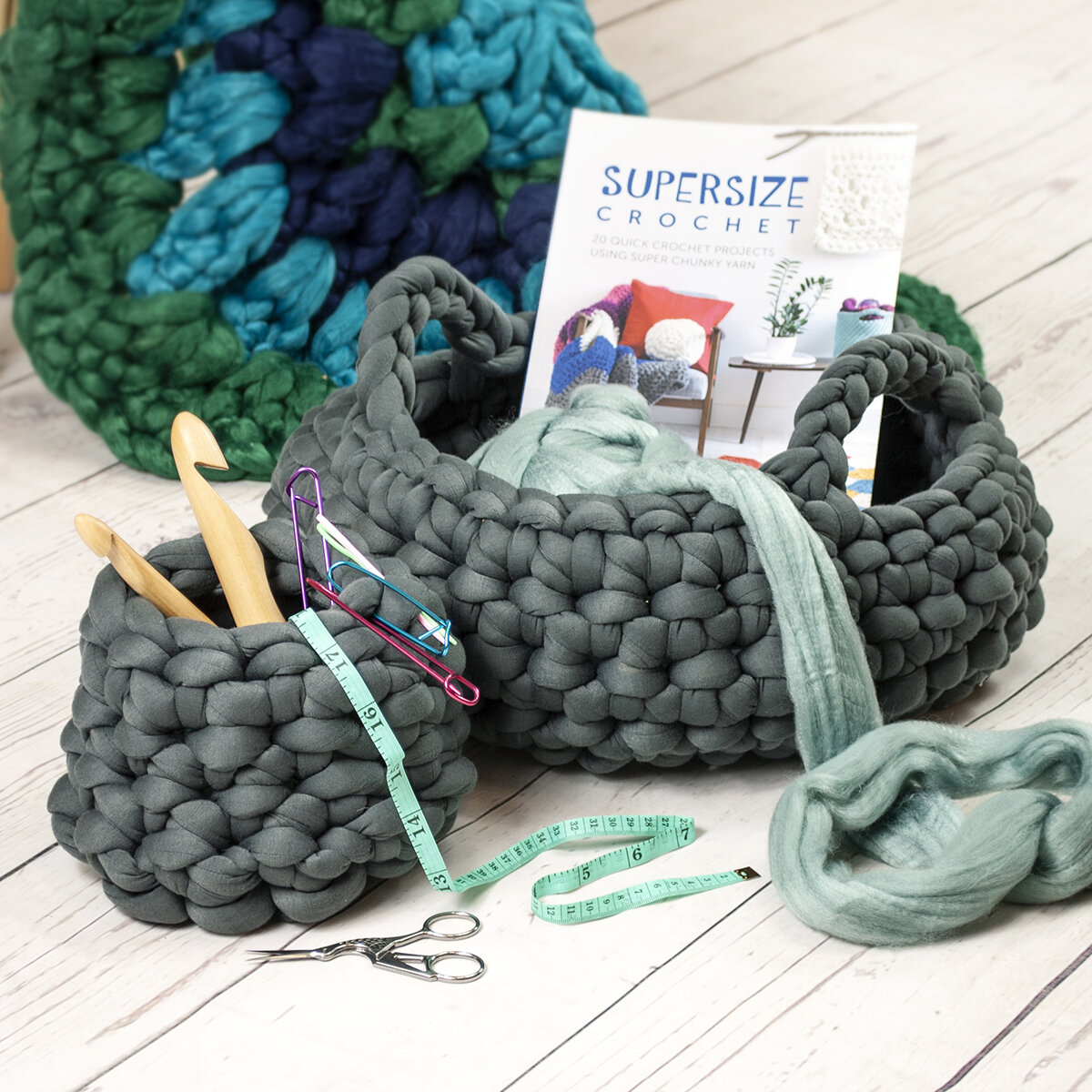 crochet baskets using giant tube yarn 