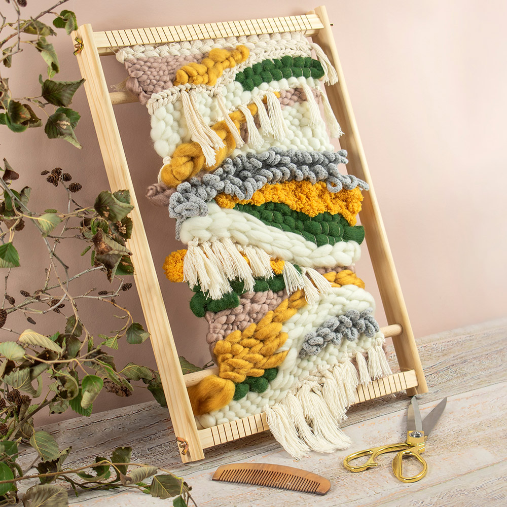 chunky yarn weave made with woolly mahoosive crafters and weavers collection of yarn, natural autumnal colours 