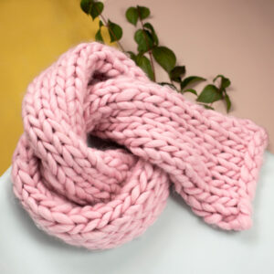 chunky knit scarf in squiggly yarn in colour pink